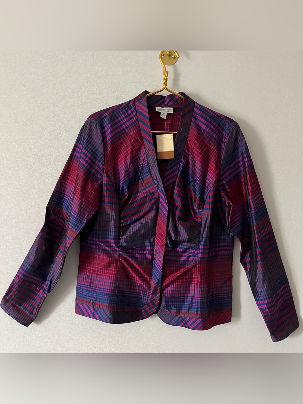 Coldwater Creek NWT Magenta Purple Blue Silk Blend Plaid Jacket Lightweight M